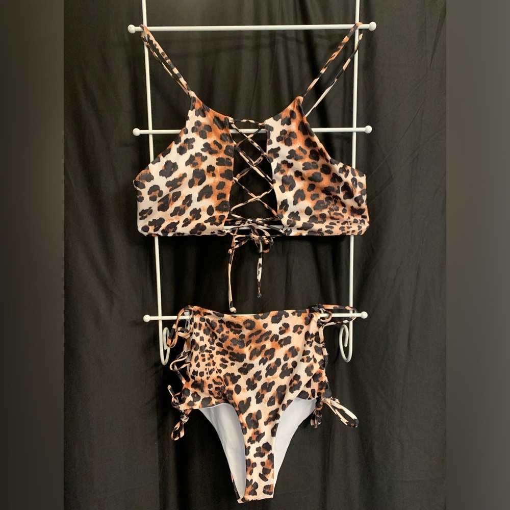 Leopard High-Waist Lace-Up Bikini Set - Brown